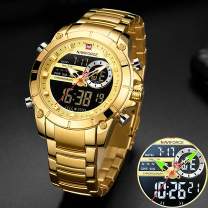NAVIFORCE 9163 Montre-bracelet de sport de luxe originale pour hommes, mouvement à quartz, étanche en acier, double affichage, montres militaires Relogio Masculino