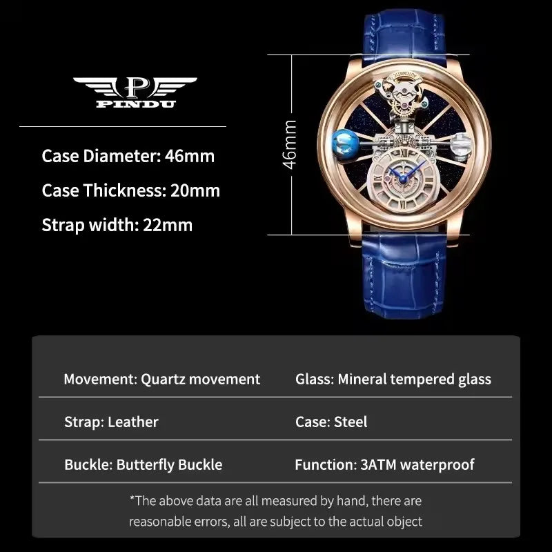 Montre-bracelet homme PINDU Design Montres à quartz roulette céleste étanches