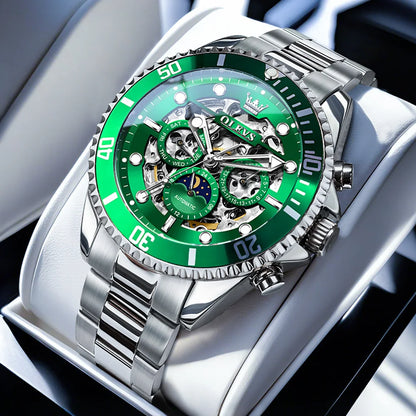 OLEVS 6715 Montre Homme Évidée Date Automatique Mécanique Pour Hommes 43mm Grand Cadran Phase de Lune Montre-Bracelet Étanche Tendance Pour Homme
