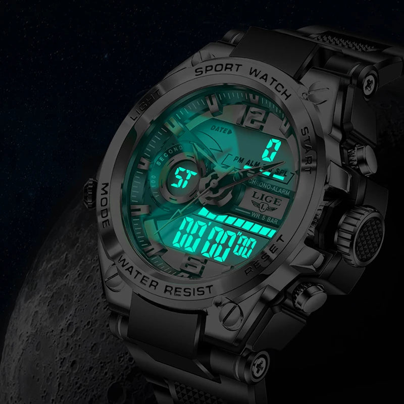 LIGE Digital Military LED Chronograph Watch 50m 24cm