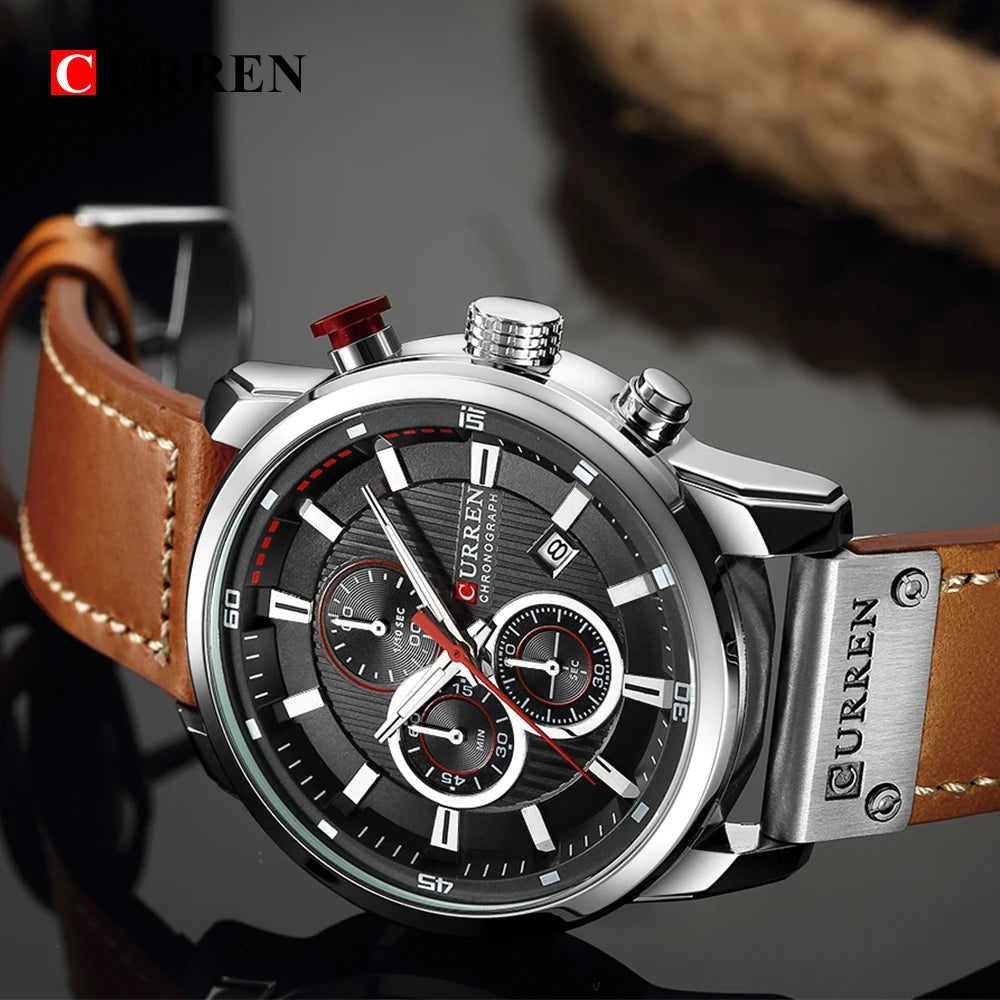 CURREN 8291 Montre Bracelet Homme Quartz Chronographe Cuir Décontracté Militaire Sport Mode Gentleman