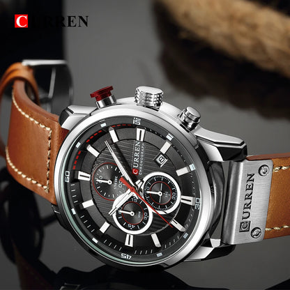 CURREN 8291 Montre Bracelet Homme Quartz Chronographe Cuir Décontracté Militaire Sport Mode Gentleman