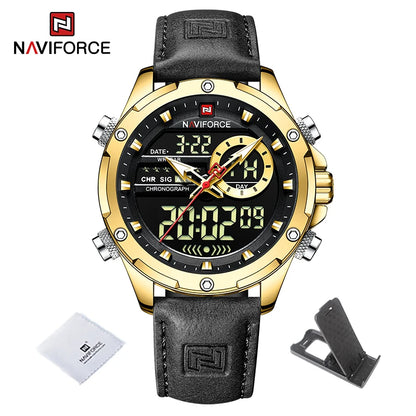 Montres NAVIFORCE pour hommes, style militaire sportif, en cuir véritable, étanches, avec cadran numérique, chronographe lumineux et créatif.