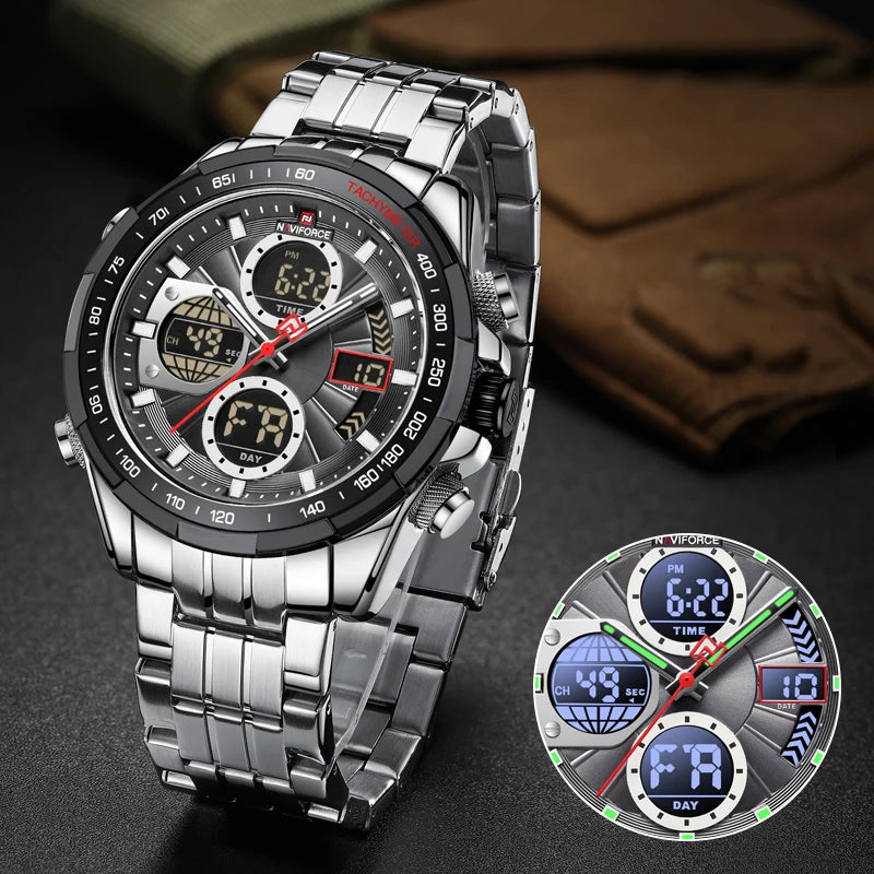 NAVIFORCE Montres à quartz pour hommes Nouvelle montre-bracelet sport double affichage étanche 30m Montre décontractée en acier inoxydable Relogio Masculino