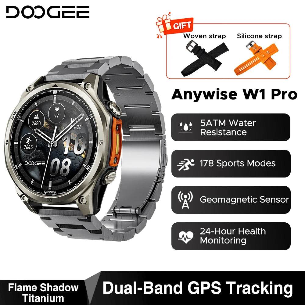 Smartwatch DOOGEE ANYWISE W1 PRO 1,43'' Résistance à l'eau 5ATM 178 modes sportifs Suivi de la santé Capteur géomagnétique Cartes hors ligne