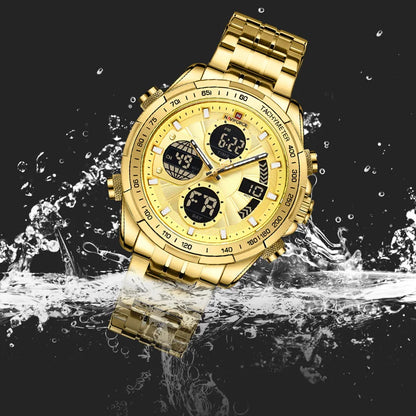 Montres de Luxe NAVIFORCE Or pour Homme Montre-bracelet Sport Militaire Numérique Quartz Bracelet Acier Étanche Lumineuse Réveil