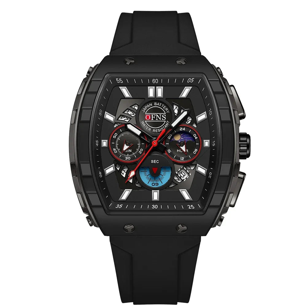 Montres-bracelets de mode en quartz OFNS pour homme, lumineuses, étanches, chronographe, calendrier, bracelet en silicone, montre de sport de luxe d'extérieur pour homme