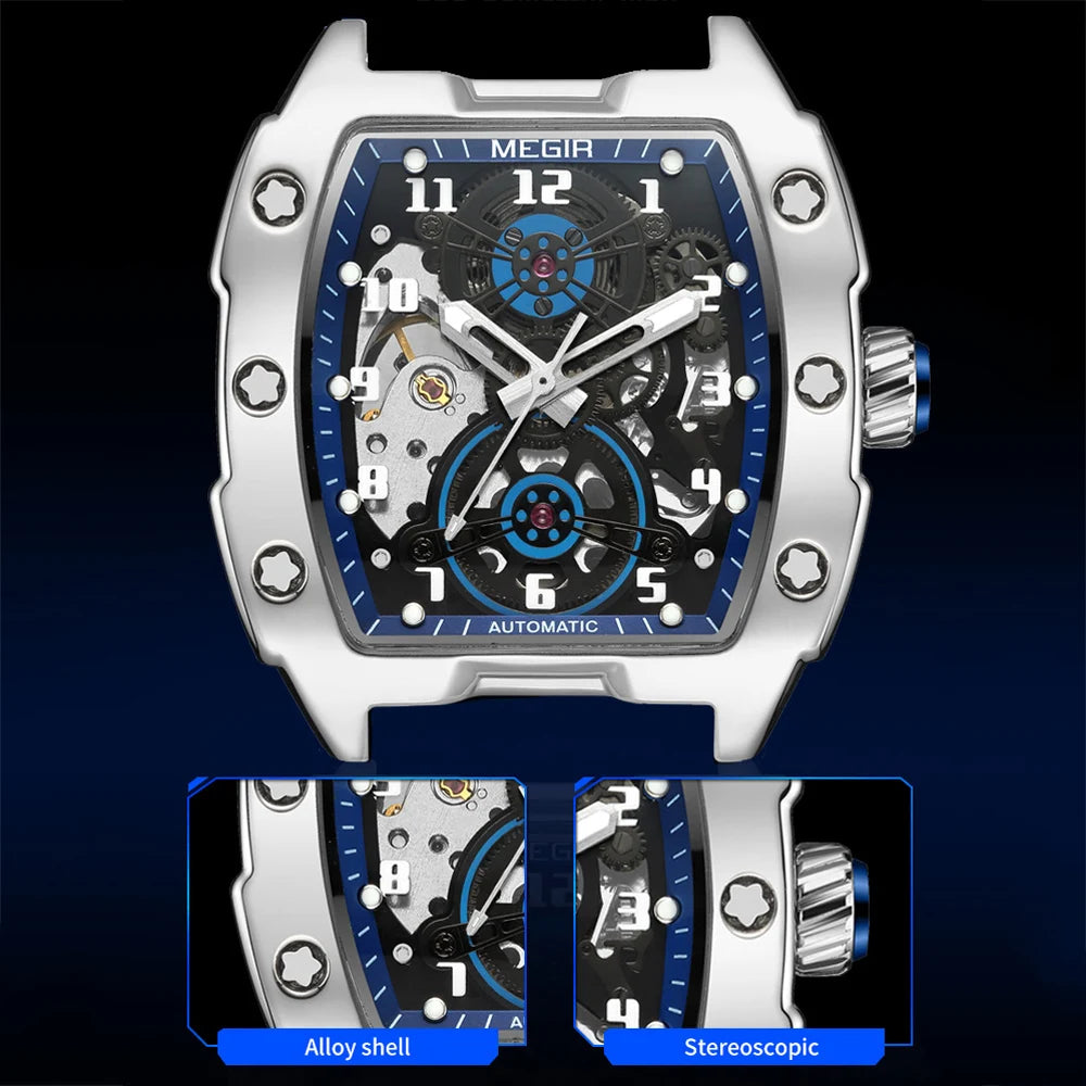 MEGIR Montre Homme Sport Tendance Boîtier Alliage Mécanique Étanche Bracelet Silicone Cadran Tonneau Aiguilles Lumineuses Montres-bracelets Homme