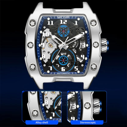 MEGIR Montre Homme Sport Tendance Boîtier Alliage Mécanique Étanche Bracelet Silicone Cadran Tonneau Aiguilles Lumineuses Montres-bracelets Homme