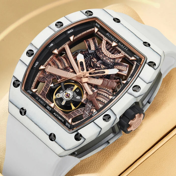 Montre automatique BONEST GATTI homme 42*54mm Tonneau Fibre de Carbone Montre mécanique Cadran Ninja Lumineux Verre Saphir