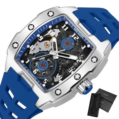MEGIR Montre Homme Sport Tendance Boîtier Alliage Mécanique Étanche Bracelet Silicone Cadran Tonneau Aiguilles Lumineuses Montres-bracelets Homme