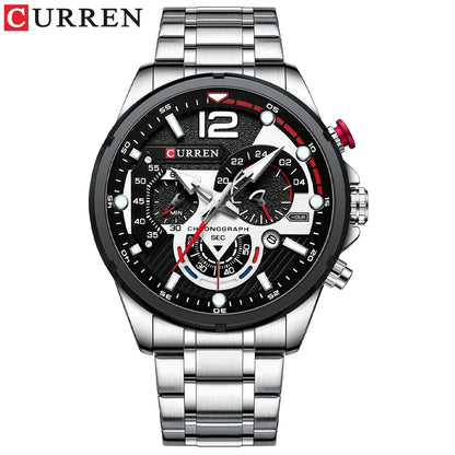 CURREN Montre à quartz mode homme, décontractée, sport, avec cadran chronographe en acier inoxydable et aiguilles lumineuses