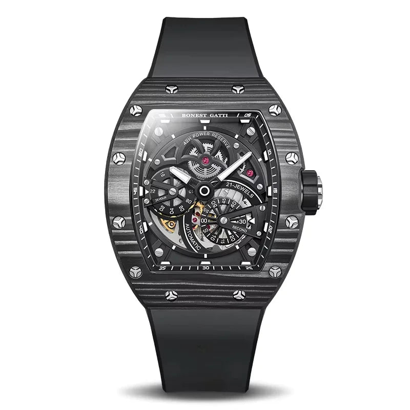 BONEST GATTI Men Mechanical Watch Carbon Fiber Bezel Tonneau Luminou Case Fluororubber Strap Small Second Dial Watches For Men
