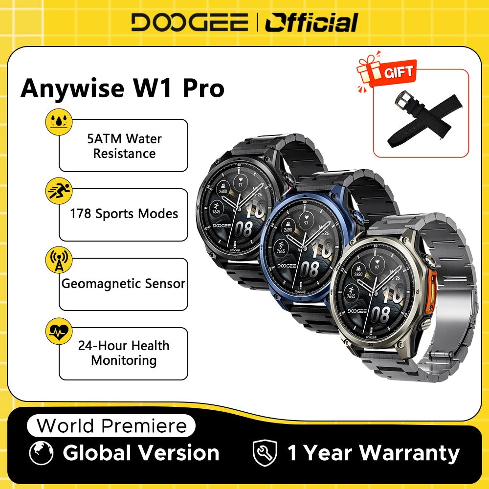 Smartwatch DOOGEE ANYWISE W1 PRO 1,43'' Résistance à l'eau 5ATM 178 modes sportifs Suivi de la santé Capteur géomagnétique Cartes hors ligne