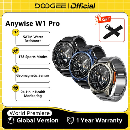 Smartwatch DOOGEE ANYWISE W1 PRO 1,43'' Résistance à l'eau 5ATM 178 modes sportifs Suivi de la santé Capteur géomagnétique Cartes hors ligne