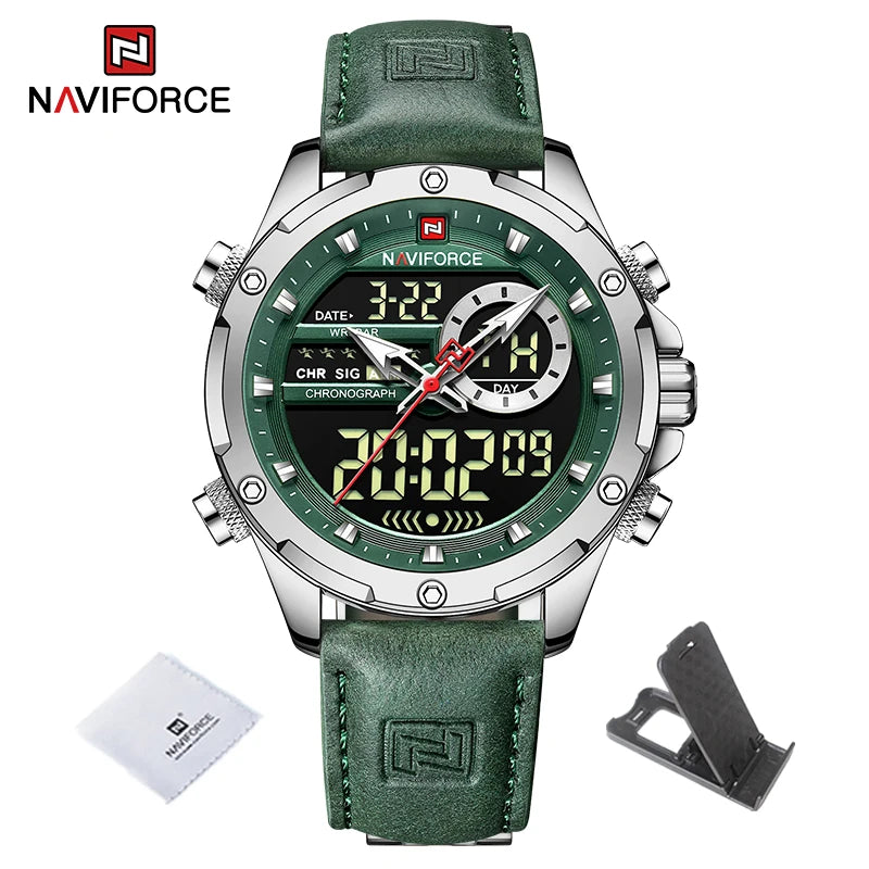 NAVIFORCE Marque Classique Homme Cuir Véritable Étanche Montre-Bracelet Sports Décontracté Mâle Quartz Numérique Militaire Chronographe Horloges