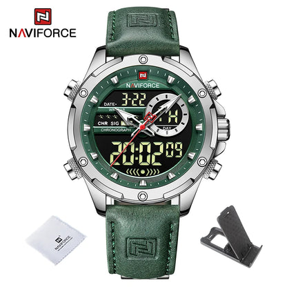 NAVIFORCE Marque Classique Homme Cuir Véritable Étanche Montre-Bracelet Sports Décontracté Mâle Quartz Numérique Militaire Chronographe Horloges