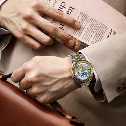 Montre Mécanique Squelette de Luxe Forsining Or Phase de Lune Rétro Gravée Lumineuse Tourbillon Automatique pour Homme Bracelet en Acier