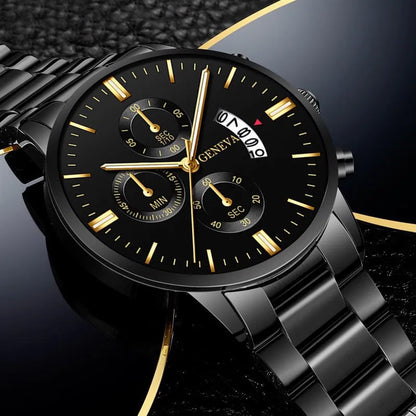 Men's stainless steel watch with calendar display and classic dial
