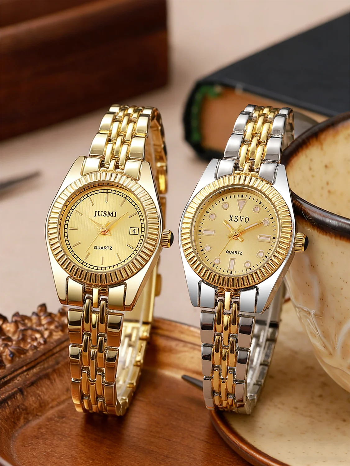 Luxury Two-Tone Women's Watch, Fluted Bezel Date Dial, Stainless Steel Bracelet, Elegant Quartz Timepiece for Business & Daily W