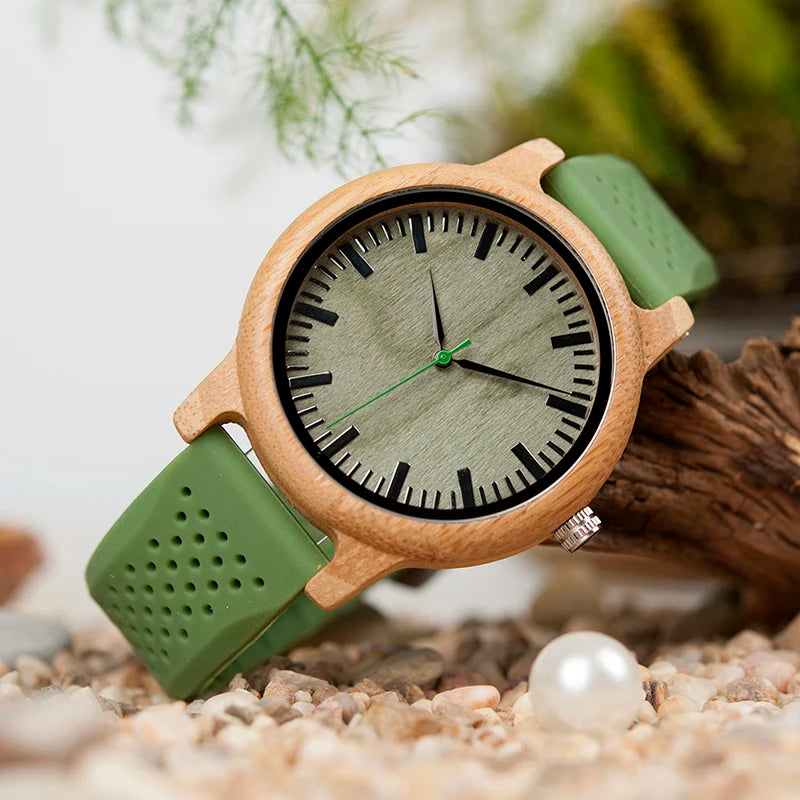 BOBO BIRD Montre en bois de bambou pour homme, montre à quartz avec bracelet en silicone vert, bracelet supplémentaire, cadeau pour homme avec boîte relogio masculino W-B06