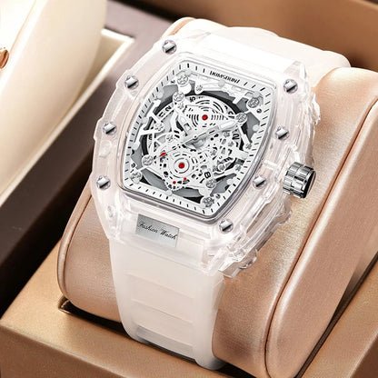 Montre Décontractée Tendance pour Homme Montre à Quartz pour Homme avec Cadran Lumineux, Fonction Calendrier, Bracelet en Silicone, Boîtier Transparent en Forme de Tonneau Reloj