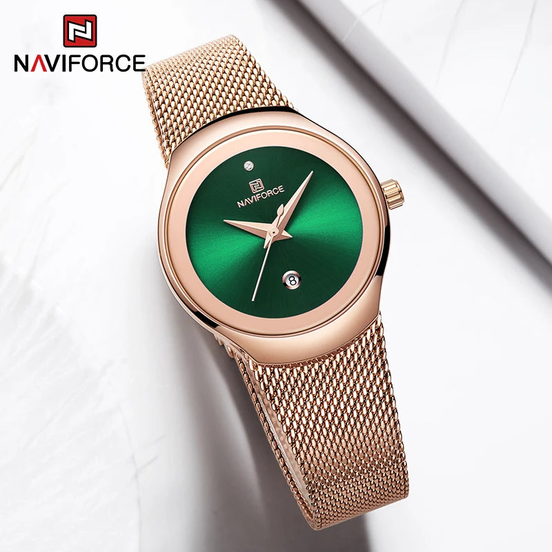 NAVIFORCE NF5004 Green Mesh Steel Date Analog Watch