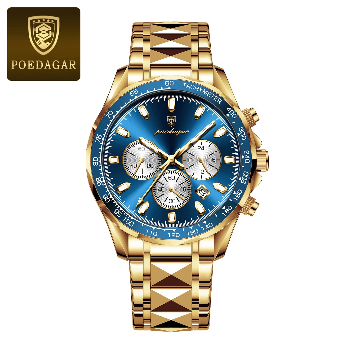POEDAGAR Montre Homme Luxe Étanche Lumineuse en Acier Inoxydable Montre Chronographe à Quartz avec Date pour Homme d'Affaires