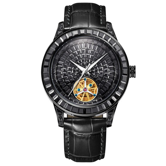HAEMMER tourbillon mechanical watch with diamond-style dial and leather strap
