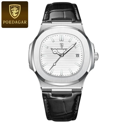 POEDAGAR Montre Homme Carrée Luxe Date Étanche Lumineuse Qualité Supérieure Bracelet Cuir Montre-Bracelet Quartz Homme+Boîte Reloj