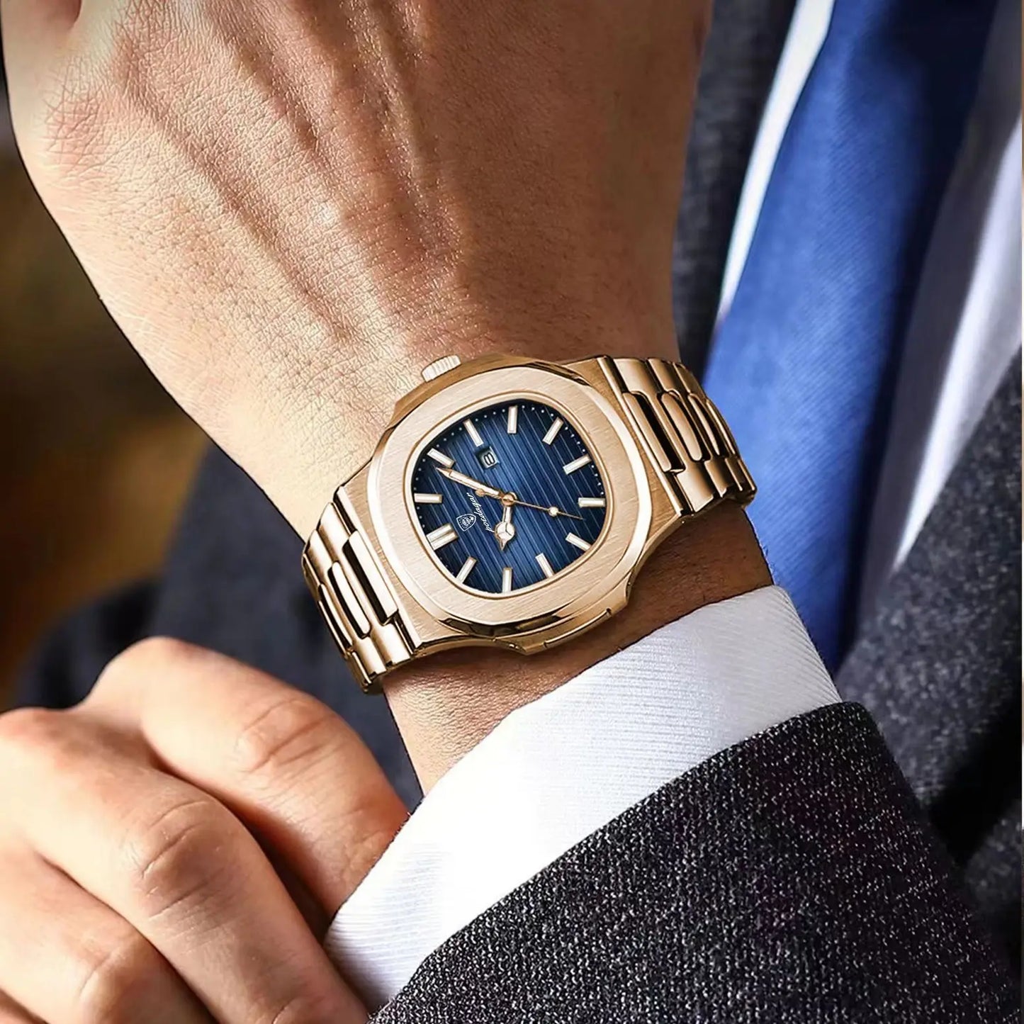POEDAGAR Montre Homme Carrée Tendance Acier Inoxydable Étanche Lumineuse Date Exquise Montre-Bracelet Masculine Montres à Quartz Pour Hommes