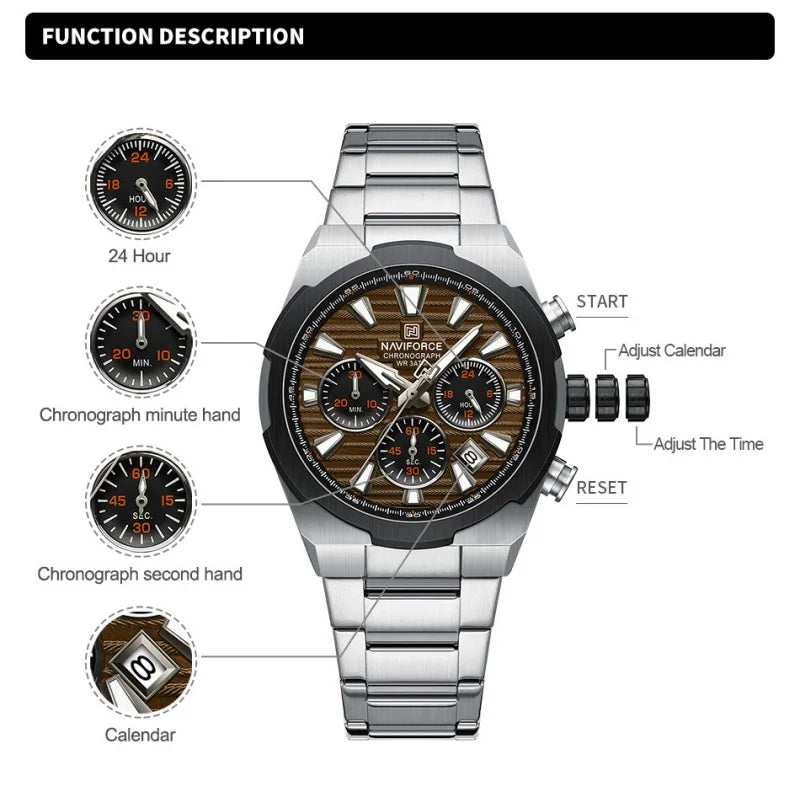 Montre-bracelet à quartz NAVIFORCE pour homme, multifonctionnelle, avec calendrier, chronomètre, lumineuse, étanche 30 ATM, bracelet en acier inoxydable