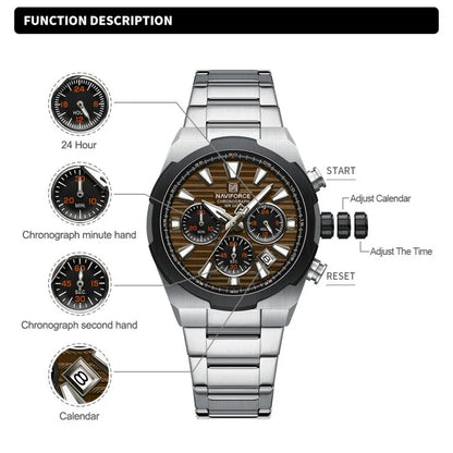 Montre-bracelet à quartz NAVIFORCE pour homme, multifonctionnelle, avec calendrier, chronomètre, lumineuse, étanche 30 ATM, bracelet en acier inoxydable