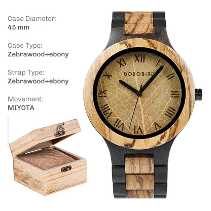 Montre en bois pour homme BOBO BIRD avec feuille véritable, montre en bois originale, montre en bois, montre fabriquée à la main, cadeau d'anniversaire pour homme