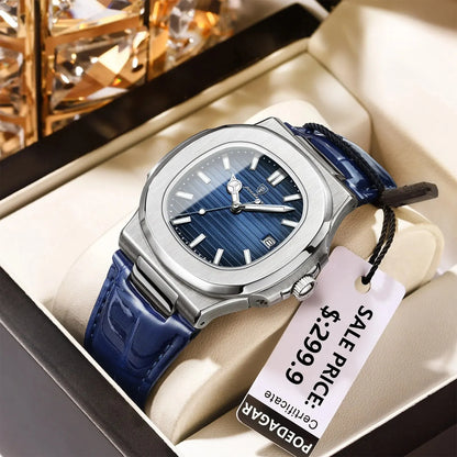 POEDAGAR Montre Homme Carrée Luxe Date Étanche Lumineuse Qualité Supérieure Bracelet Cuir Montre-Bracelet Quartz Homme+Boîte Reloj