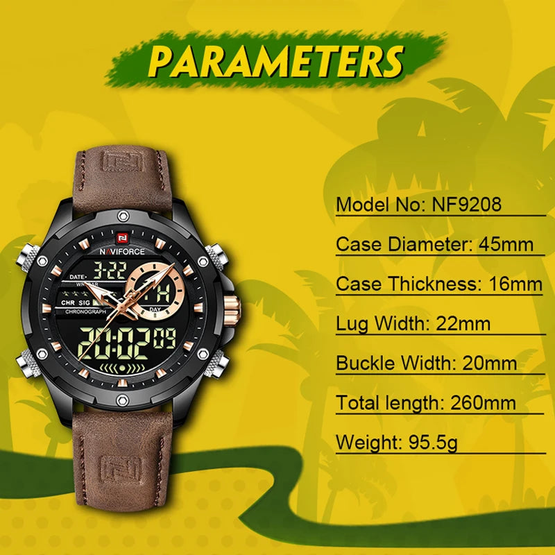 NAVIFORCE Montre tendance homme, charmante et accrocheuse, affichage du jour, de la date et de l'heure, bracelet en cuir souple, aiguille lumineuse, affichage LED, cadeau homme