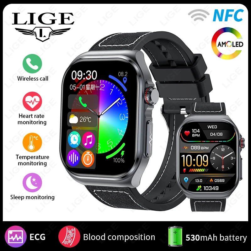 Montre intelligente LIGE AMOLED ET585 pour hommes avec ECG, surveillance de la composition sanguine, appels Bluetooth, suivi de la condition physique pour femmes, smartwatch.