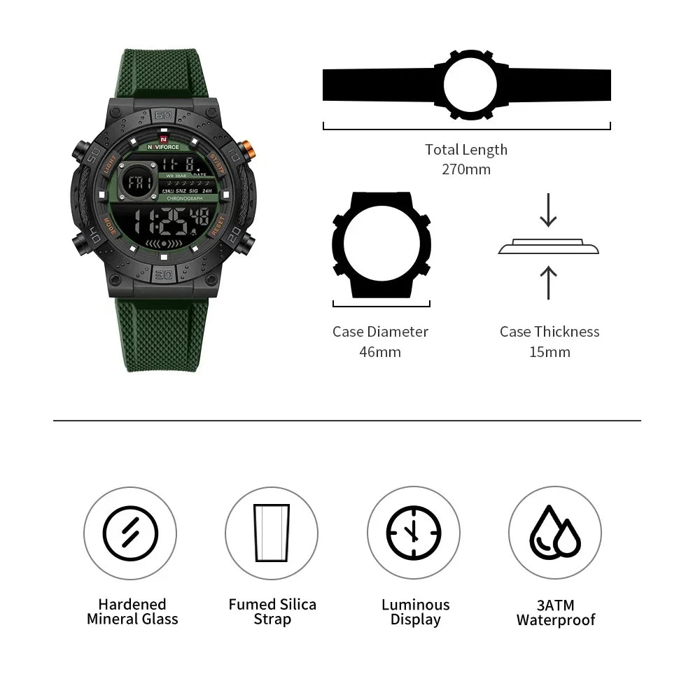 NAVIFORCE – Montres militaires pour hommes, à quartz numérique, en silicone, chronographe, étanche, avec affichage de la date