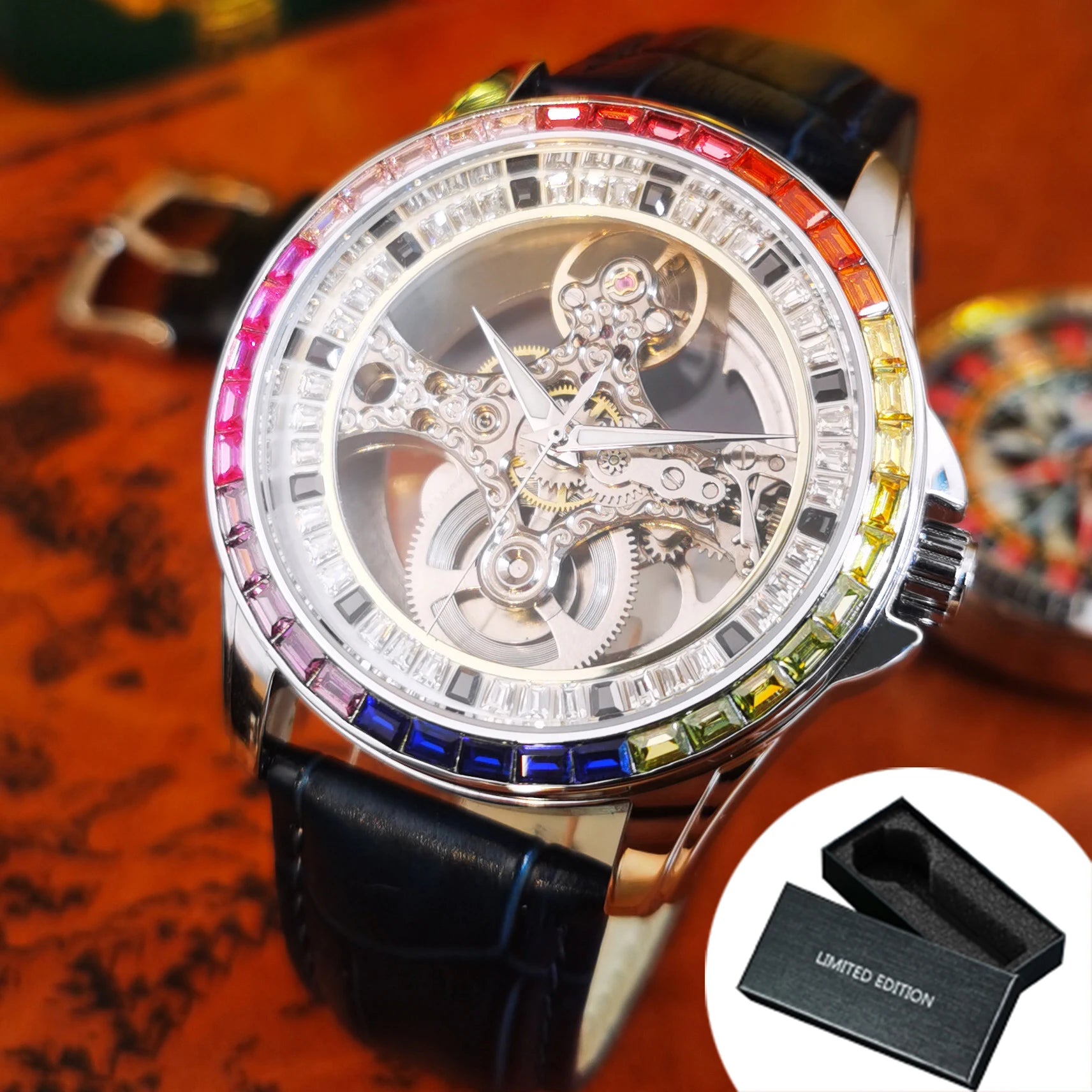 AOKULASIC Luxury Skeleton Automatic Watch for Men Fashion Black Leather Strap Luminous Hands Business Mechanical Mens Watches