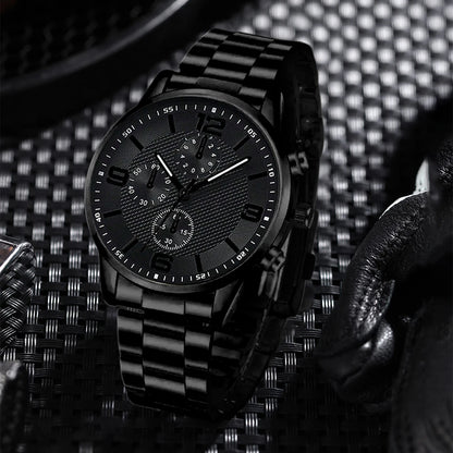 2/4PCS Men's Watch Set Business Trend Fashion Classic Three Eye Quartz Watch Bracelet Necklace Ring Set Perfect Gift