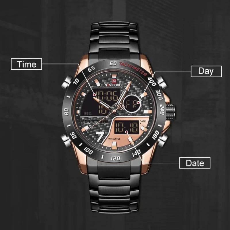 Montres NAVIFORCE Hommes Quartz Double Affichage Lumineux Bracelet en Acier Inoxydable Montre-Bracelet Masculine Affaires Quotidiennes Cadeaux Fête des Pères
