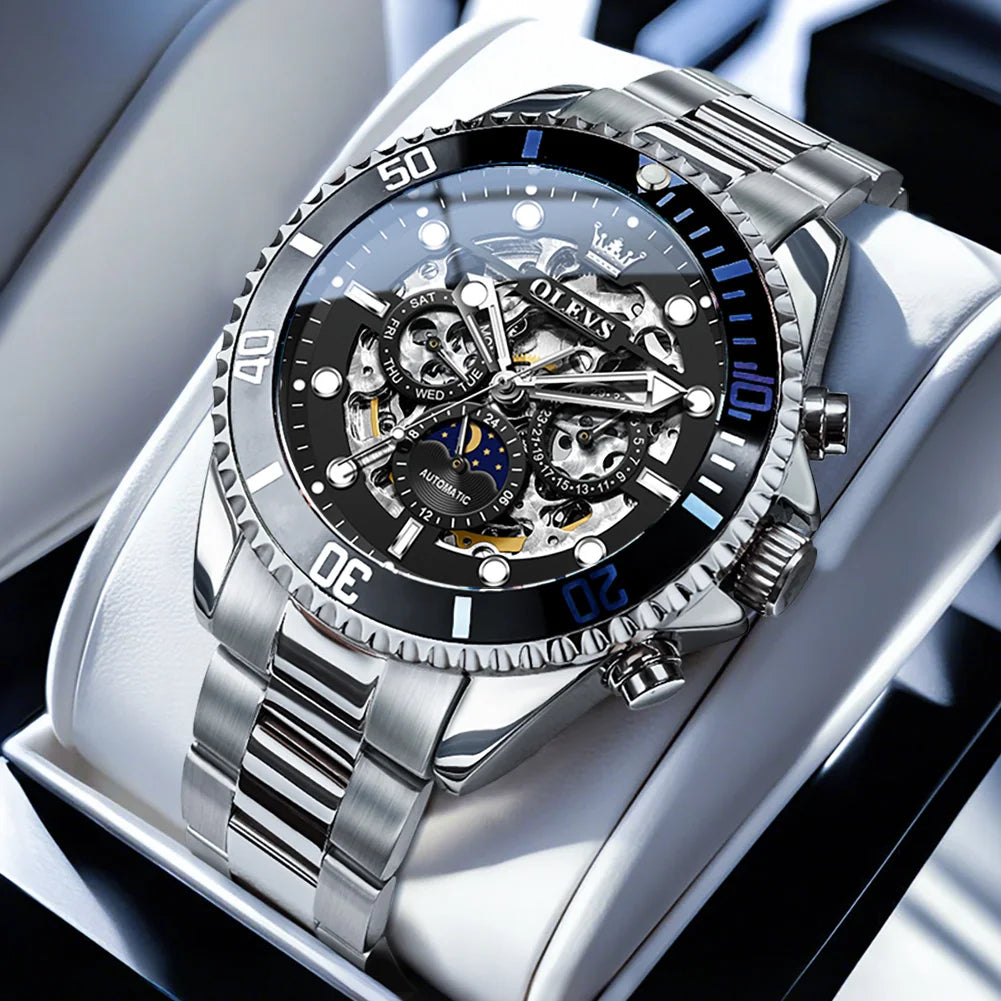 OLEVS 6715 Montre Homme Évidée Date Automatique Mécanique Pour Hommes 43mm Grand Cadran Phase de Lune Montre-Bracelet Étanche Tendance Pour Homme