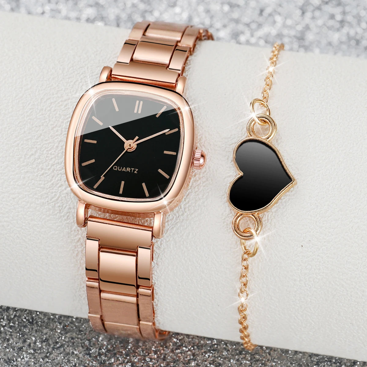 Lot de 2 montres carrées tendance pour femmes, bracelet en acier inoxydable, montre à quartz avec bracelet en forme de cœur