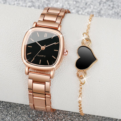 Lot de 2 montres carrées tendance pour femmes, bracelet en acier inoxydable, montre à quartz avec bracelet en forme de cœur