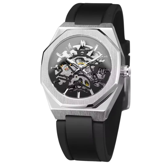 Luxury Brand Octagon Stainless Steel Skeleton Mechanical Man Watch Automatic Movement Clockwork Silicone Strap