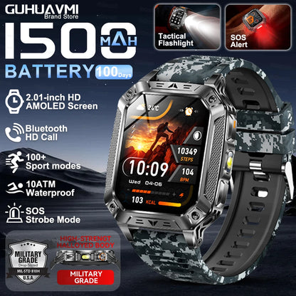 Montre Intelligente Militaire Homme 1500mAh Longue Autonomie Sport Extérieur Montre Connectée Homme Étanche 10ATM Fréquence Cardiaque Appel BT Grande Batterie