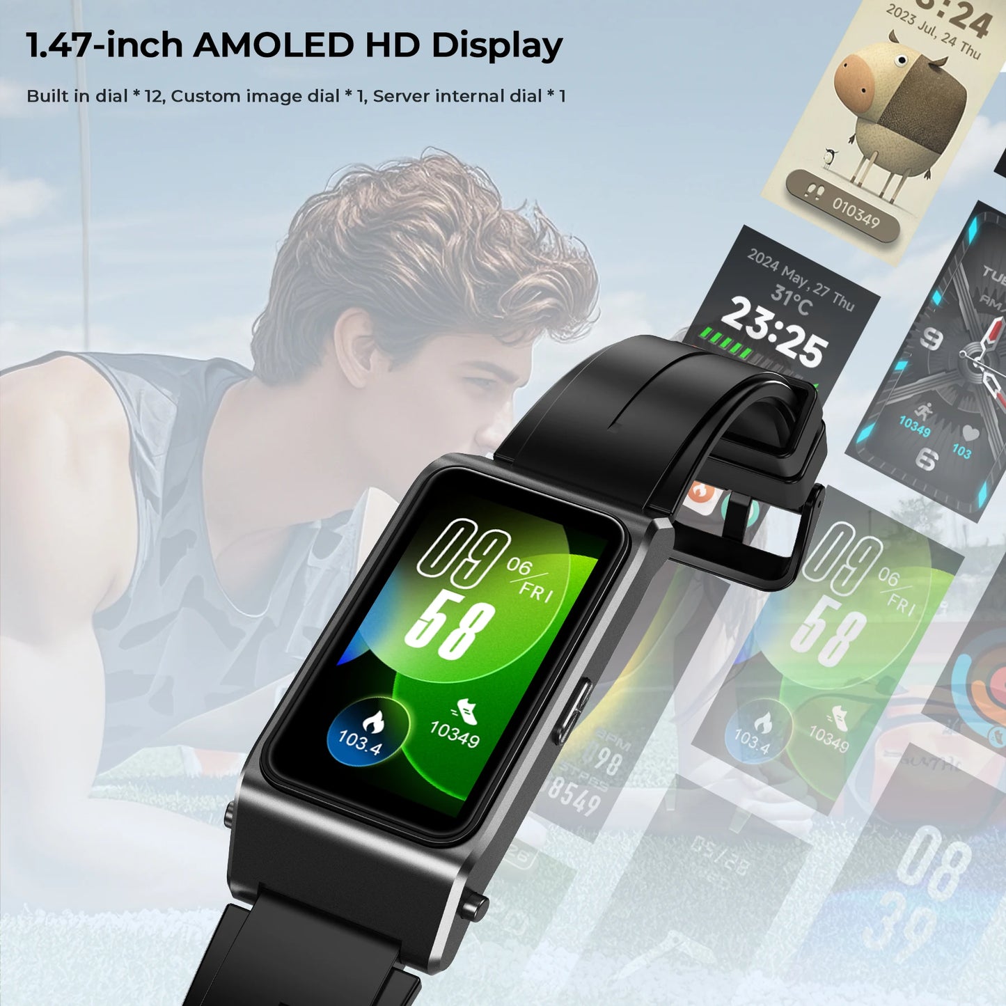 OUKITEL BT11 Smartwatch Oreillette Bluetooth 2-en-1, Surveillance de la santé 24h/24, Écran AMOLED 1,47", Montre connectée de sport étanche