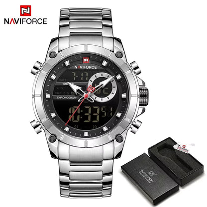 NAVIFORCE 9163 Montre-bracelet de sport de luxe originale pour hommes, mouvement à quartz, étanche en acier, double affichage, montres militaires Relogio Masculino