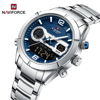 Montre de sport militaire de luxe NAVIFORCE pour hommes, lumineuse, étanche, bracelet en acier, affichage double numérique à quartz, montre-bracelet masculine.