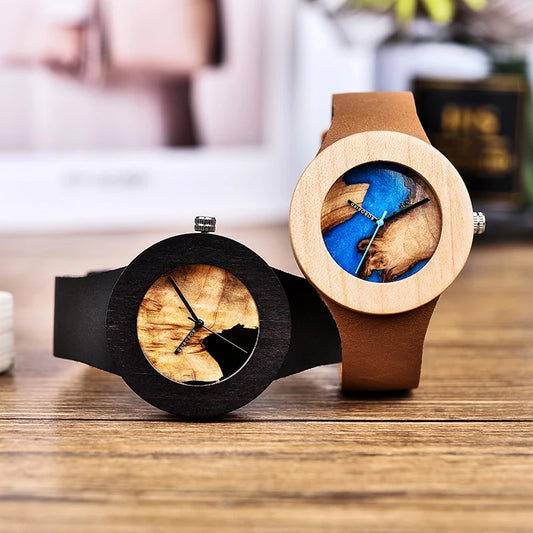 Delicate Quartz Couple Watches Thuja Wood with Blue Resin Wristwatch Men Ladies Timepieces Collection Personalized Gift BOBOBIRD